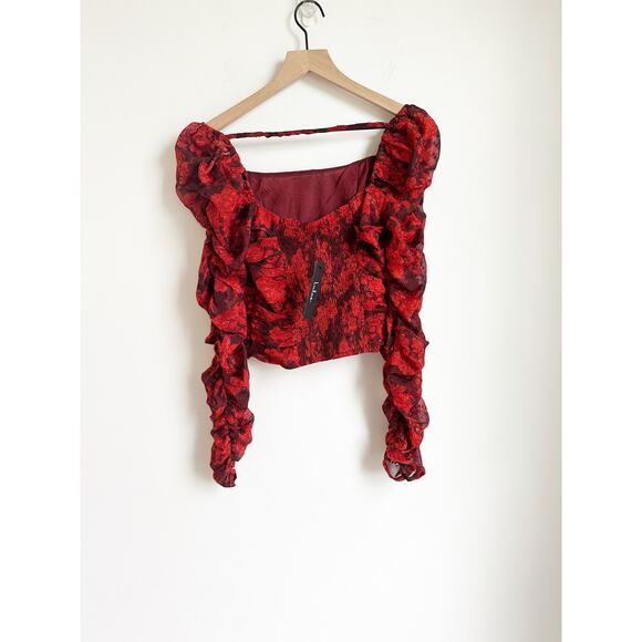 Lulus NWT Meant for Romance Red Floral Print Ruched Long Sleeve Crop Top Small - Picture 2 of 5